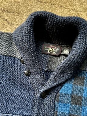 RRL Ralph Lauren Double RL Indigo Patchwork  Wool Cashmere Cardigan / Sweater- L